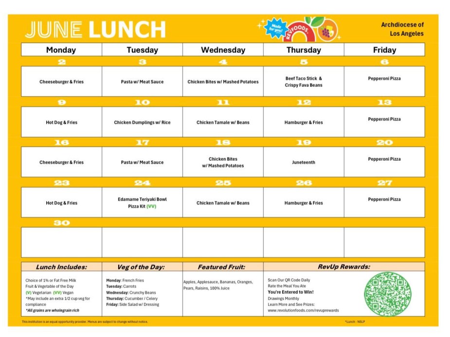 Cafeteria Monthly Menus | St. Raphael Catholic School